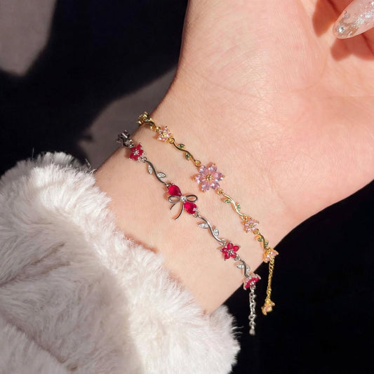 Silver Ribbon Bow + Golden Flower Bracelet Combo For Girl/Women