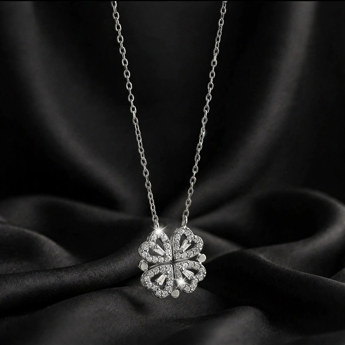 4 Leaf Clover Magnetic Necklace on Model – Elegant Minimalist Korean Jewelry for Women
