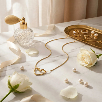 Open Heart Necklace close-up view – Minimalist Heart Charm, Gold Plated