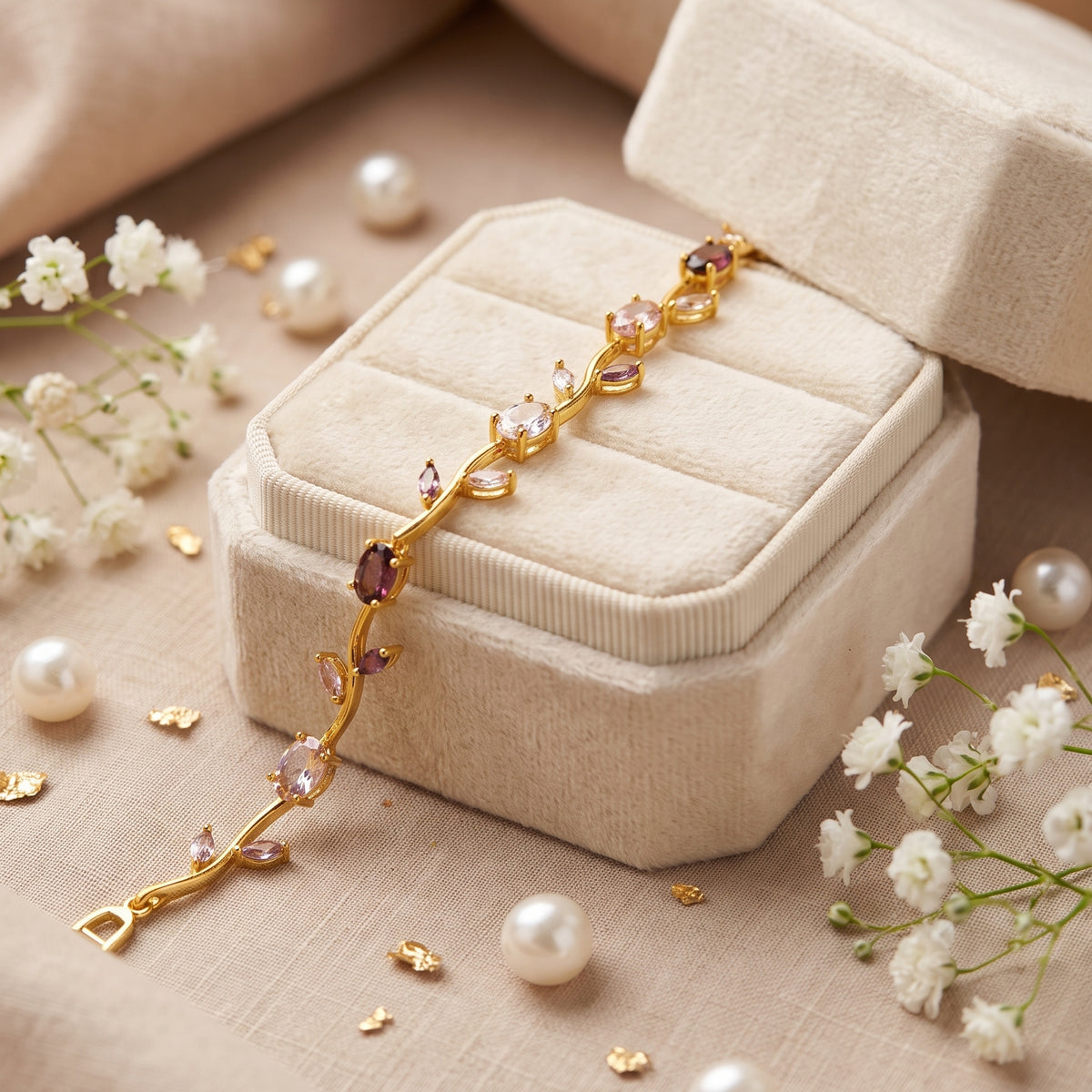 A gold leaf bracelet with pink gemstone accents displayed on a cream-colored velvet jewelry box, surrounded by small white flowers and pearls on a beige fabric background.