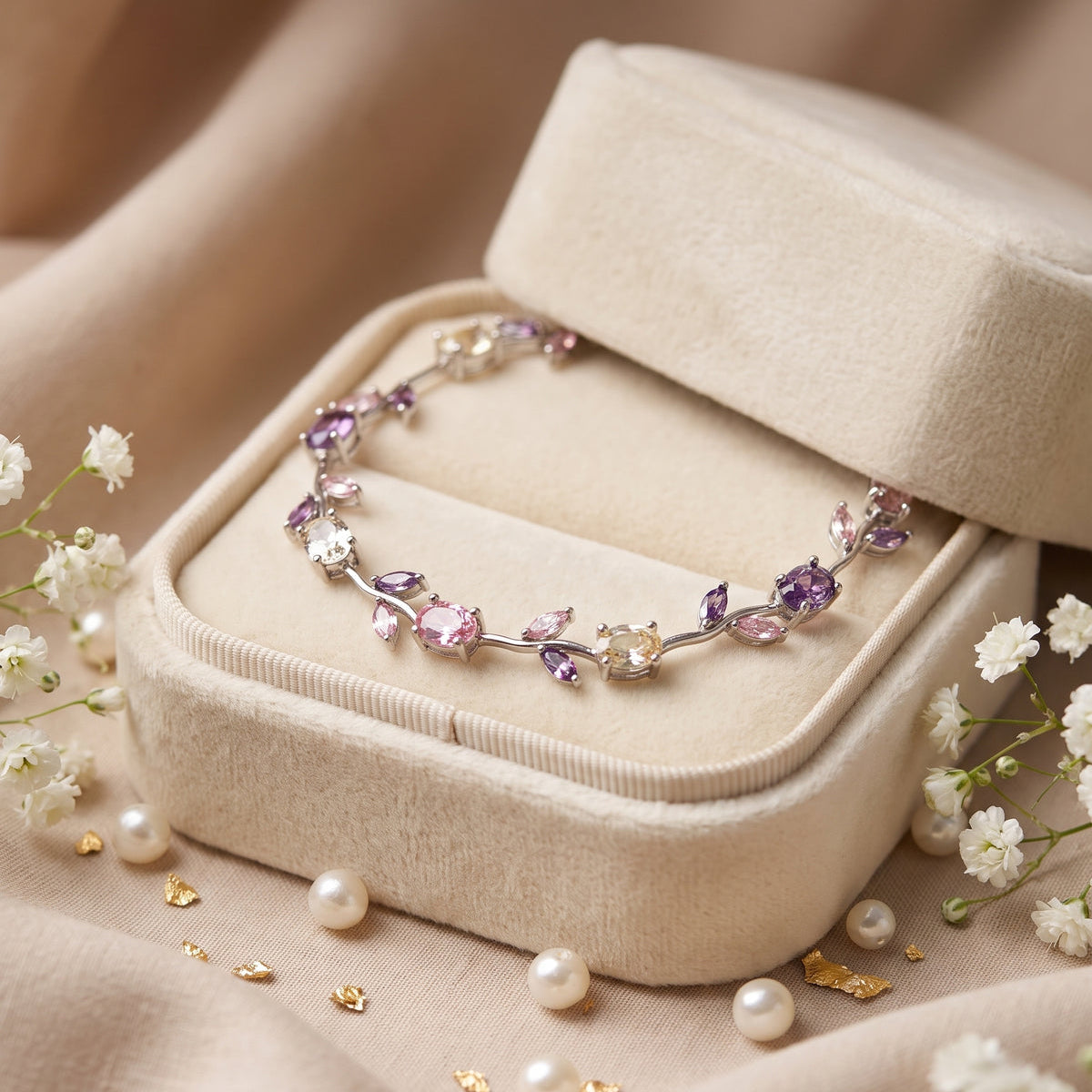 A delicate bracelet with purple, pink, and clear gemstones set in silver-toned metal, displayed on a cream velvet jewelry box surrounded by white baby's breath flowers and scattered pearls.