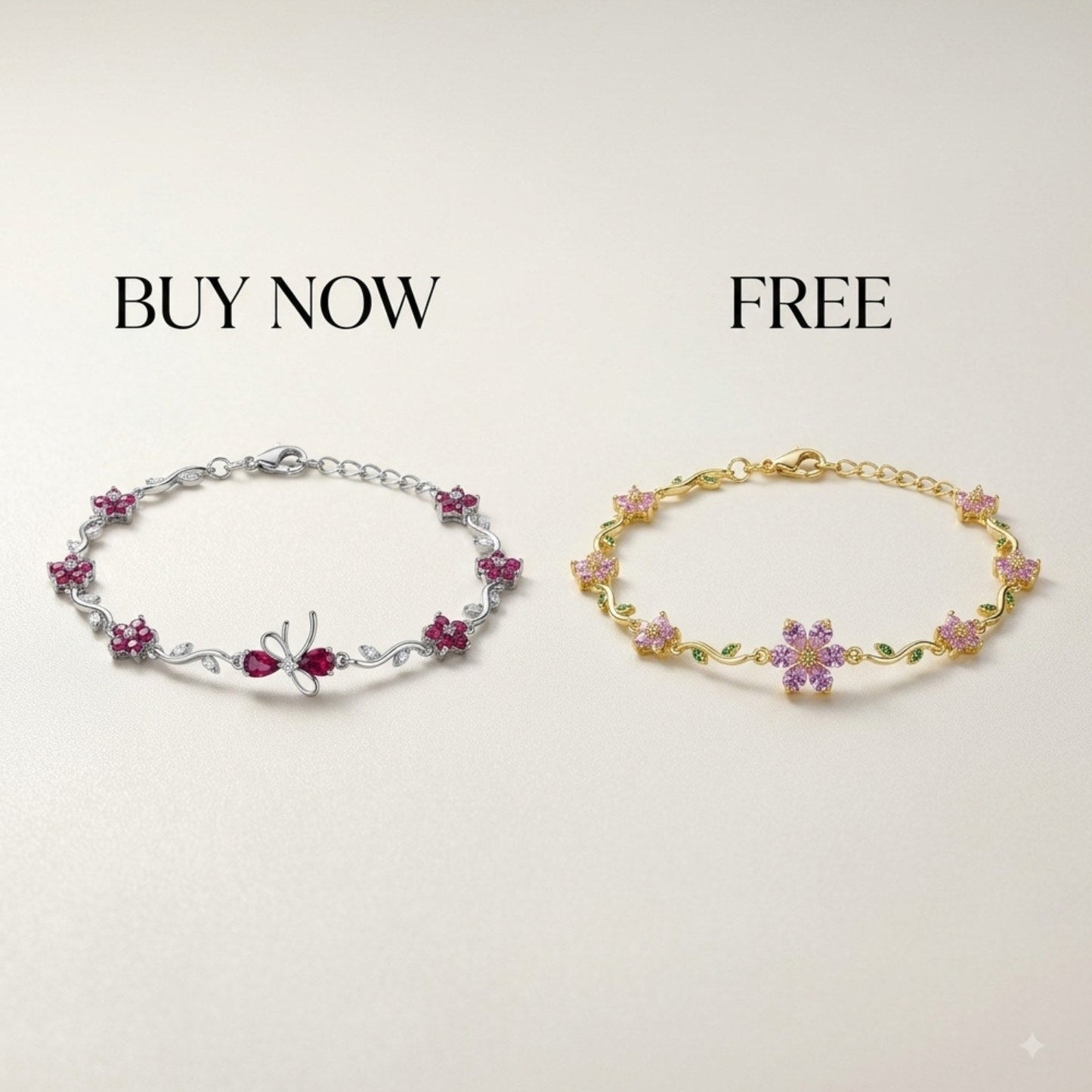 Two floral star charm bracelets displayed side by side on a light beige background with promotional text 'BUY NOW' above the silver bracelet and 'FREE' above the gold bracelet.