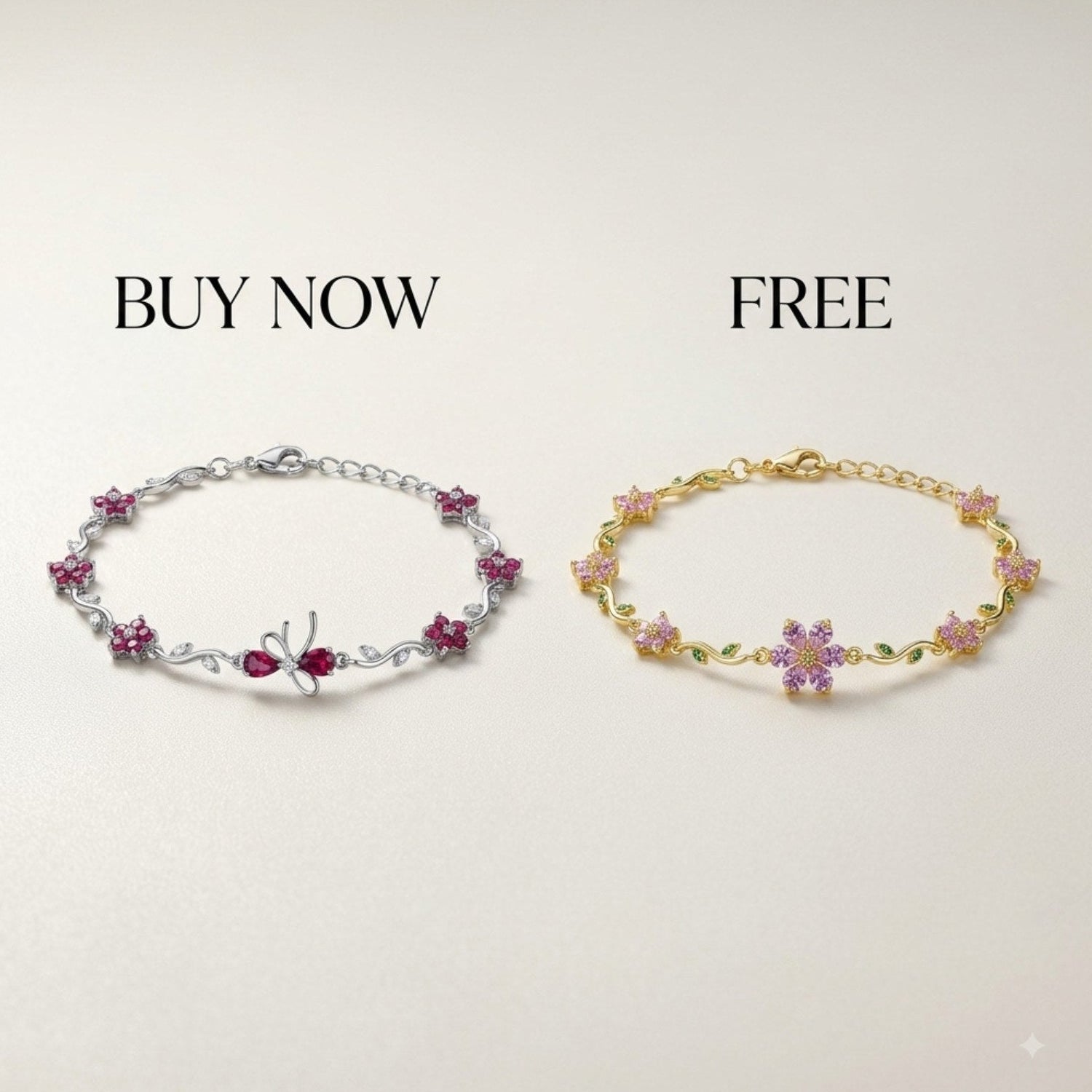 Two floral star charm bracelets displayed side by side on a light beige background with promotional text 'BUY NOW' above the silver bracelet and 'FREE' above the gold bracelet.